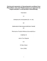 Cloning and Expression of Deoxyhypusine Synthase from Plasmodium Vivax and Theileria Parva As an Approach for Target Evaluation in Anti-Parasitic Chemotherapy