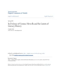 Howells and the Limits of Literary History Claudia Stokes Trinity University, Cstokes@Trinity.Edu