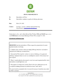 PROXY MEMORANDUM To: Shareholders of Pfizer Re: Shareholder Resolution on Political Lobbying Disclosure Date: March 18, 2020 Co