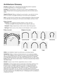 Architecture Glossary A-Frame: a Building with a Steep Pitched Roof Extending from the Foundation to the Roof Ridge Forming an “A” Shaped Front Façade