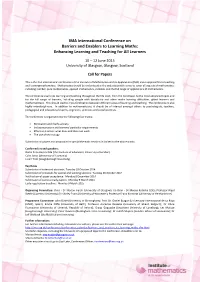 IMA International Conference on Barriers and Enablers to Learning Maths: Enhancing Learning and Teaching for All Learners