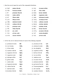 1. Give the Correct Names for Each of the Compounds Listed Below. A