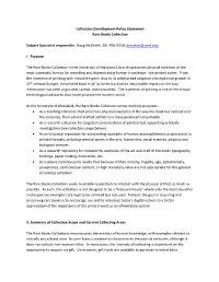 Collection Development Policy Statement Rare Books Collection Subject Specialist Responsible
