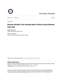 Revised Checklist of the Vascular Plants of Bryce Canyon National Park, Utah