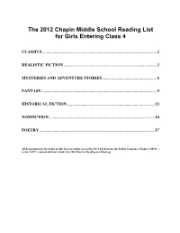 The 2012 Chapin Middle School Reading List for Girls Entering Class 4