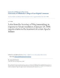 Letter from the Secretary of War, Transmitting, in Response to Senate Resolution of January 28, 1890, Reports Relative to the Treatment of Certain Apache Indians
