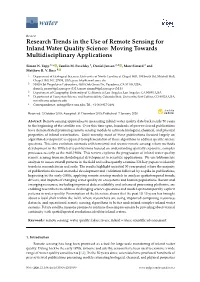 Research Trends in the Use of Remote Sensing for Inland Water Quality Science: Moving Towards Multidisciplinary Applications