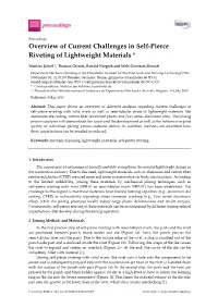 Overview of Current Challenges in Self-Pierce Riveting of Lightweight Materials †