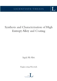 Synthesis and Characterisation of High Entropy Alloy and Coating