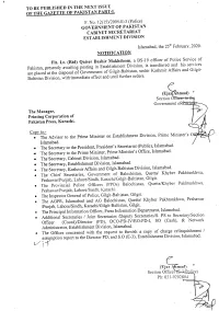 TO BE PUBLISHED in the NEXT Issue of the GAZETTE of PAKISTAN PART-I