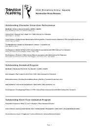2020 Primetime Emmy® Awards Nomination Press Release