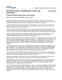 Scientists Report a Breakthrough in Stem Cell Production Created Cells That Match Those in ALS Patient