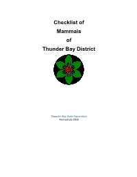 Checklist of Mammals of Thunder Bay District