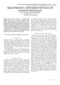 MOLETRONICS: TOWARDS NEW ERA of NANOTECHNOLOGY 1 Prof