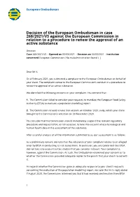 Decision of the European Ombudsman in Case 268/2021/VS Against the European Commission in Relation to a Procedure to Renew the Approval of an Active Substance