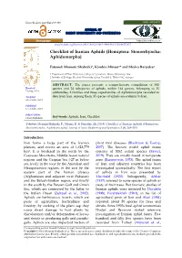 Checklist of Iranian Aphids (Hemiptera: Stenorrhyncha: Aphidomorpha)