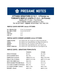 OTTAWA SENATORS (4-12-1 – 9 Points) Vs. TORONTO MAPLE LEAFS