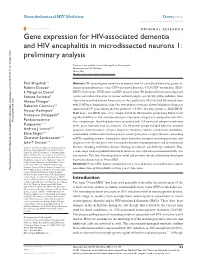 Gene Expression for HIV-Associated Dementia and HIV Encephalitis in Microdissected Neurons 1: Preliminary Analysis
