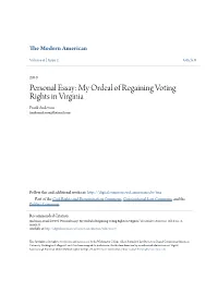 Personal Essay: My Ordeal of Regaining Voting Rights in Virginia Frank Anderson Frankoanderson@Hotmail.Com