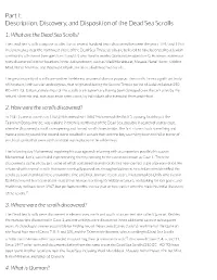 Part I: Description, Discovery, and Disposition of the Dead Sea Scrolls