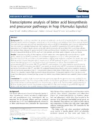 Transcriptome Analysis of Bitter Acid Biosynthesis and Precursor Pathways in Hop (Humulus Lupulus)