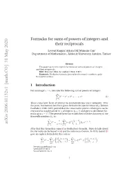 Formulas for Sums of Powers of Integers and Their Reciprocals