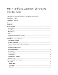 MBTA Tariff and Statement of Fare and Transfer Rules