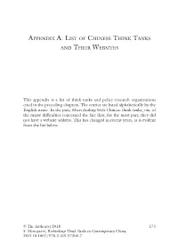 Appendix A: List of Chinese Think Tanks and Their Websites