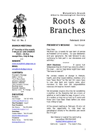 Wetaskiwin Branch Alberta Genealogical S O C I E T Y Roots & Branches