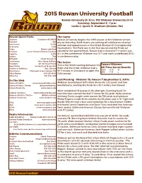 2015 Rowan University Football Rowan University (0-0) Vs