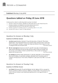 Questions Tabled on Fri 29 Jun 2018