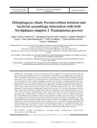 Histophagous Ciliate Pseudocollinia Brintoni and Bacterial Assemblage Interaction with Krill Nyctiphanes Simplex. I. Transmission Process