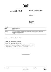 General Secretariat To: Delegations Subject : CFSP Instruments (Declarations, Demarches, Heads of Mission Reports and Political Dialogue Meetings) - 2009