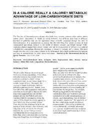 Metabolic Advantage of Low-Carbohydrate Diets