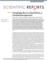 Autophagy Flux in Critical Illness, a Translational Approach