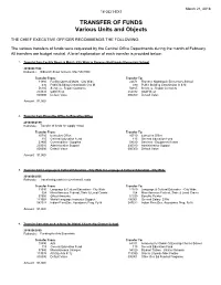 18-0321-EX1 TRANSFER of FUNDS Various Units and Objects