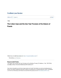 The Cohen Case and the One Year Provision of the Statute of Frauds