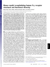 Mouse Model Recapitulating Human Fcγ Receptor Structural and Functional Diversity