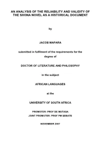 An Analysis of the Reliability and Validity of the Shona Novel As a Historical Document