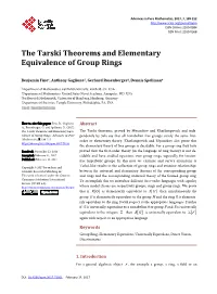 The Tarski Theorems and Elementary Equivalence of Group Rings