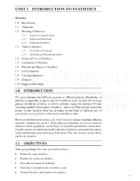 UNIT 1 INTRODUCTION to STATISTICS Introduction to Statistics
