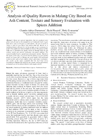 Analysis of Quality Rawon in Malang City Based on Ash Content, Texture and Sensory Evaluation with Spices Addition