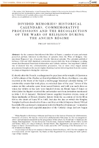 Historical Calendars, Commemorative Processions and the Recollection of the Wars of Religion During the Ancien Régime