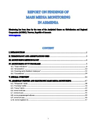 Report on Findings of Mass Media Monitoring in Armenia