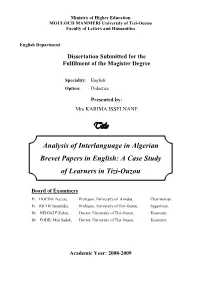 Analysis of Interlanguage in Algerian Brevet Papers in English: a Case