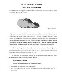 SME 1023 KINEMATICS of MACHINE UNIT-IV GEAR and GEAR TRAIN a Toothed Wheel That Engages Another Toothed Mechanism in Order to Ch
