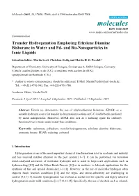 Transfer Hydrogenation Employing Ethylene Diamine Bisborane in Water and Pd- and Ru-Nanoparticles in Ionic Liquids