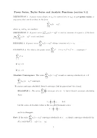 Power Series, Taylor Series and Analytic Functions (Section 5.1)