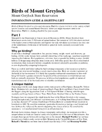 Birds of Mount Greylock Mount Greylock State Reservation INFORMATION GUIDE & SIGHTING LIST