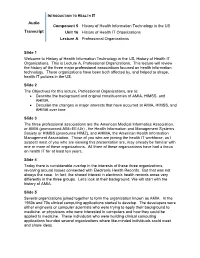 Audio Transcript Component 5 History of Health Information Technology